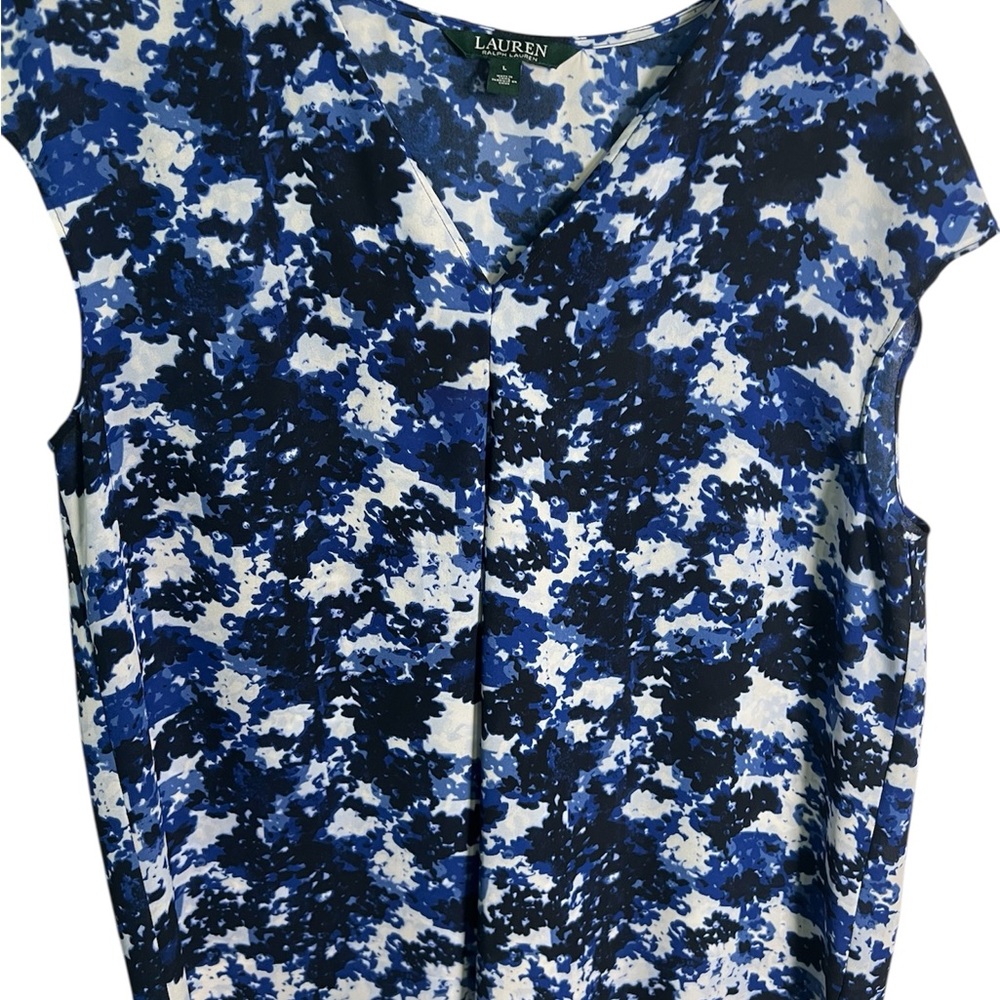 Lauren Ralph Lauren Blue and White Abstract Sleeves Print Blouse size Large
